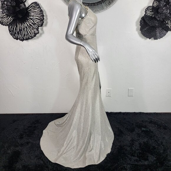 NWT~$490~SPLASH~10~CHAMPAGNE RHINESTONE SIDE SLIT MAXI EVENING GOWN PROM DRESS - Picture 8 of 16